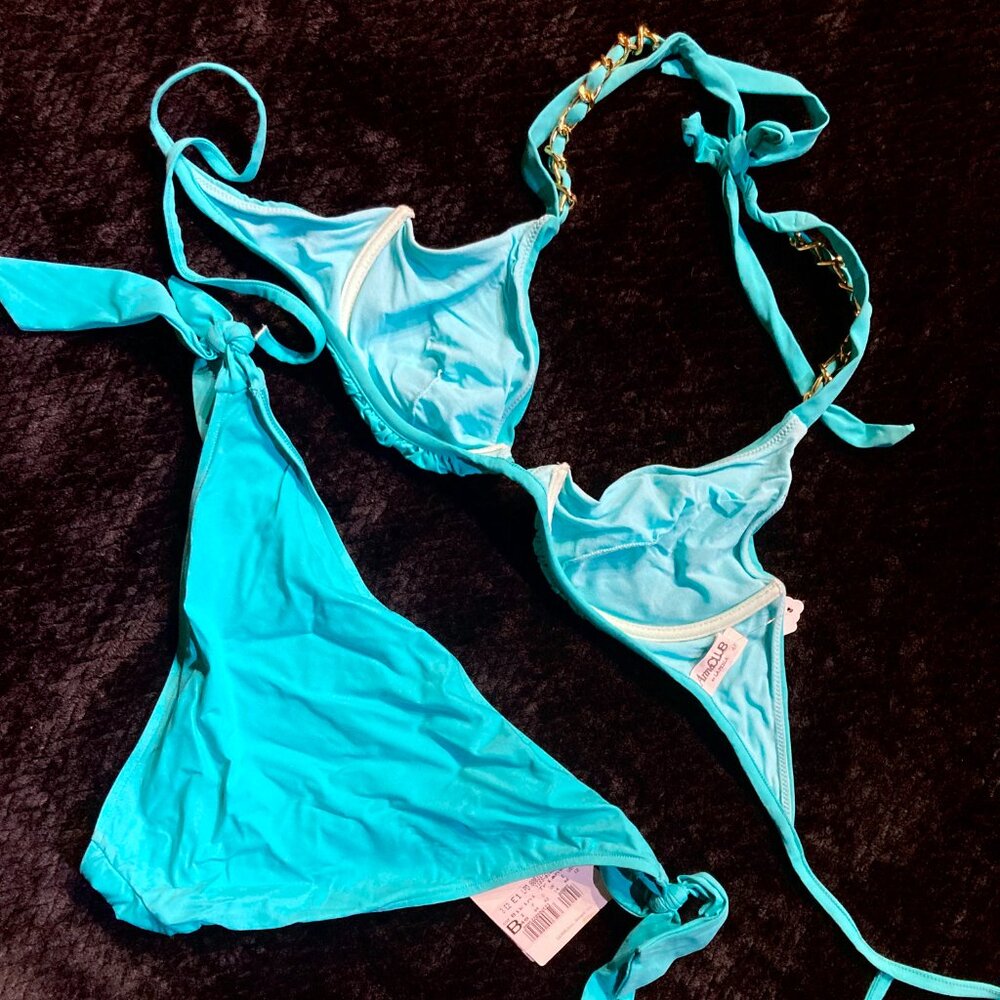 La Perla Bikini 2pc Swim Suit Set Halter Tie Gold Chains Underwire Blue L 12 48 - Picture 3 of 4